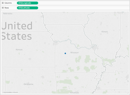 Um mapa dos Estados Unidos com um ponto azul marcando o Missouri.