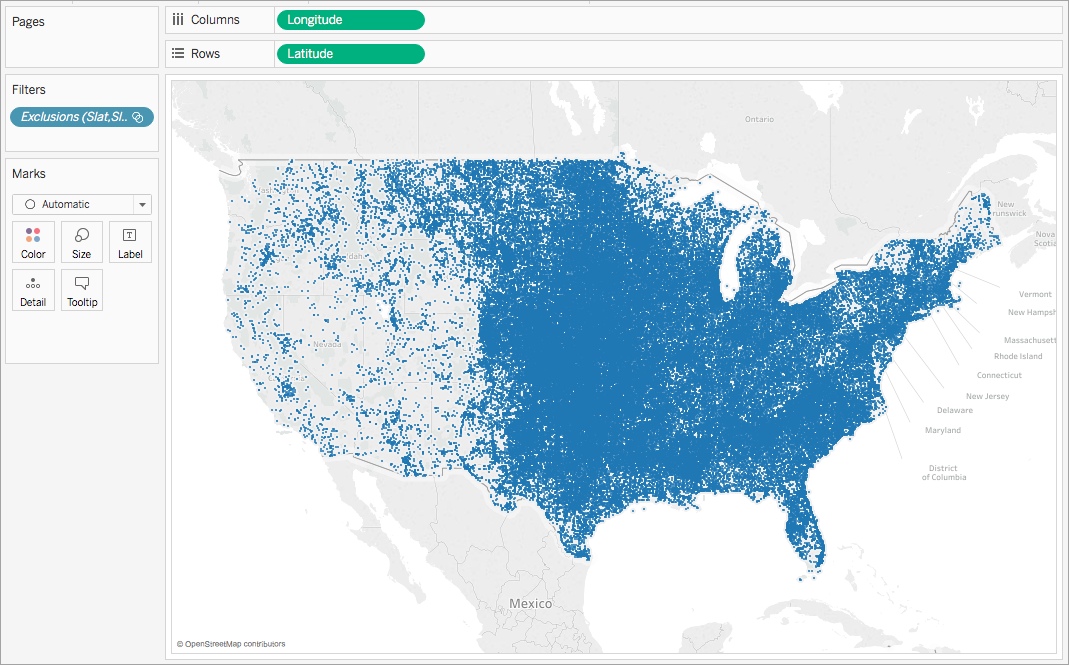 Um mapa dos Estados Unidos com marcadores azuis indicando pontos de dados.