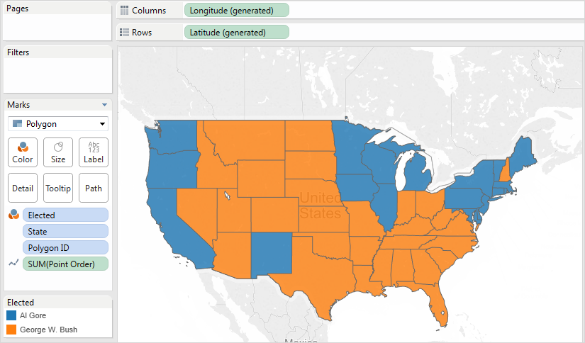 Um mapa preenchido dos Estados Unidos, com os estados que votaram em Al Gore em azul e aqueles que votaram em George W. Bush em laranja.