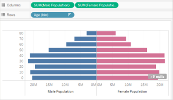 Gráfico de barras ilustrando a comparação das populações masculina e feminina por faixa etária.