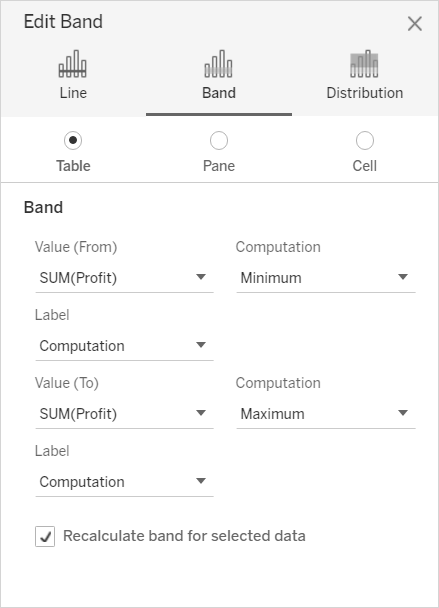 Um formulário para editar uma banda, com opções para valores mínimos e máximos, e a capacidade de recalcular a banda para dados selecionados.
