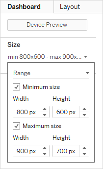 Um menu para escolher um tamanho fixo ou relativo em um Painel, com opção para visualização do dispositivo.