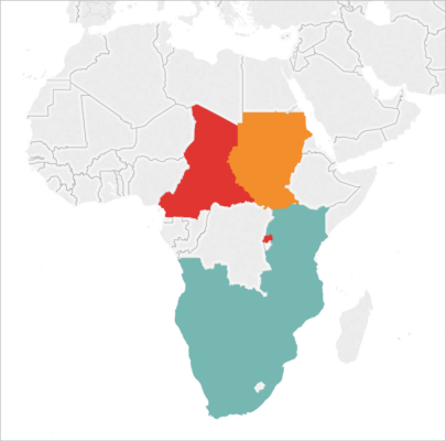 Um mapa da África com três países destacados.