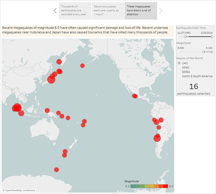 Um mapa mundial exibe dezesseis terremotos de magnitude 8.0 ou maior.