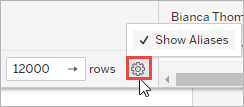 Um cursor passa sobre um ícone de engrenagem de configurações. Mostrar aliases está marcado.