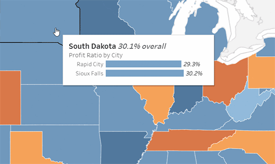 Um visualizador pode passar o mouse sobre as marcas para visualizar a dica de ferramenta no Tableau Cloud.