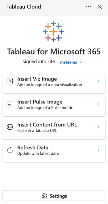 Optionen zum Einfügen einer Visualisierung oder Metrik für das Microsoft 365-Add-In