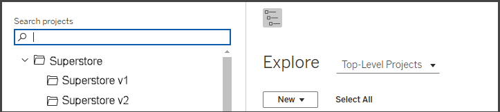 The project tree on the Explore pane in Tableau Cloud.