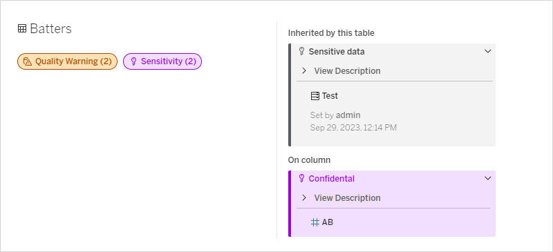 Labels in Web Authoring catalogue details