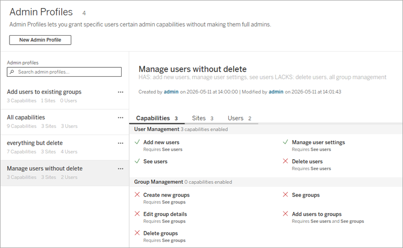 the Admin Profiles screen, with a list of four admin profiles and one selected to show its details