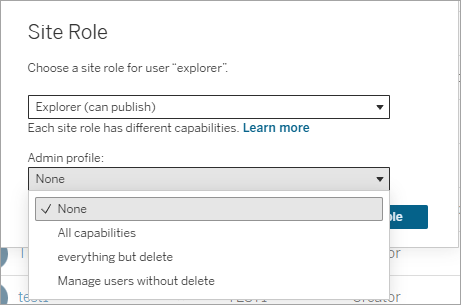 The site role dialog showing dropdowns for site role and admin profile