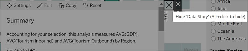 A Data Story object with a large X icon that allows users to hide the story and a tooltip that reads “Hide ‘Data Story’ (Alt+click to hide)
