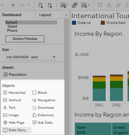 Data Story object with open book icon found in the dashboard editing pane