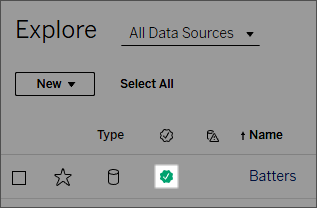Certified badge on data source as it appears in Server list view