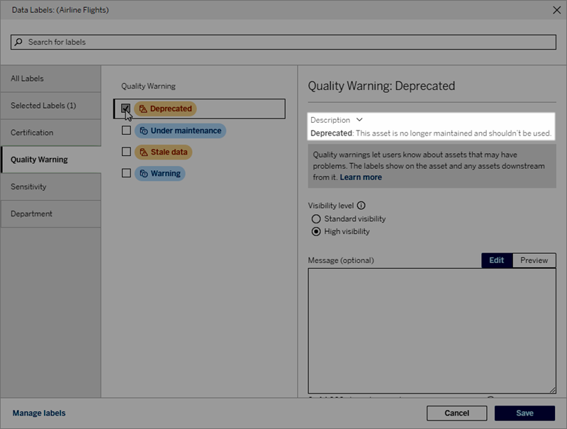 Label description in Data Quality Warning dialog