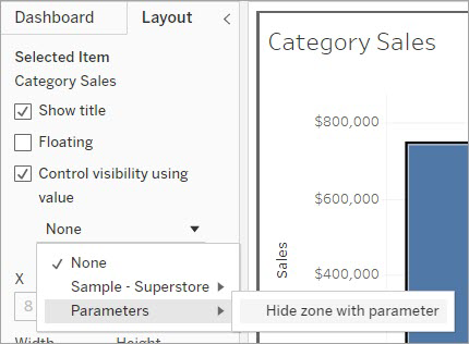 The "Control visibility using value" box is checked, and a parameter called "Hide zone with parameter" is selected