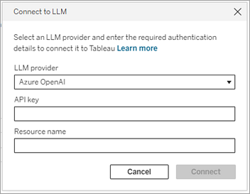 Connect to LLM dialog for Tableau Server and Azure OpenAI.