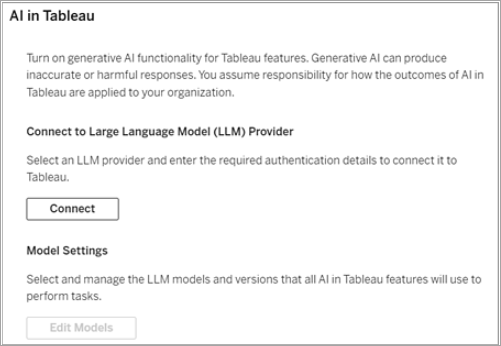 The Tableau Server site setting to connect to an LLM provider.