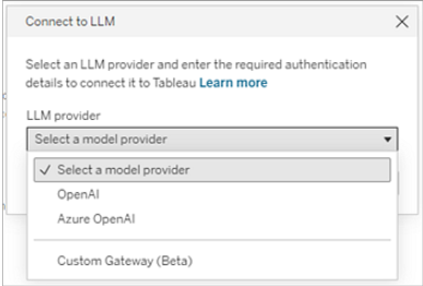 The Connect to LLM dialog in Tableau Server showing the LLM model provider options.