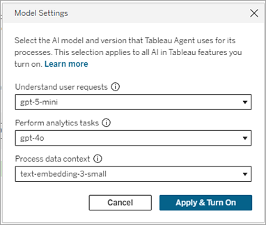 Model settings dialog for Tableau Server and OpenAI