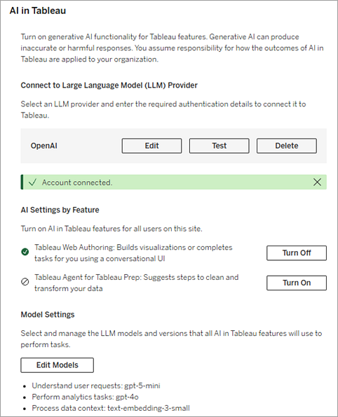 AI in Tableau site setting for Open AI.