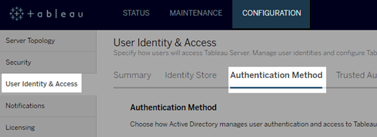 Tableau Services Manager user authentication settings