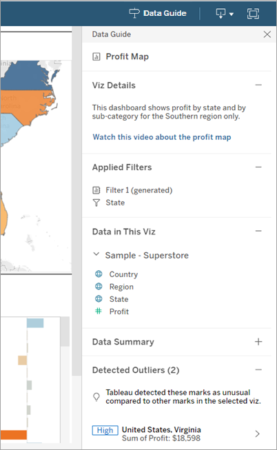 El panel Guía de datos en el nivel de visualización