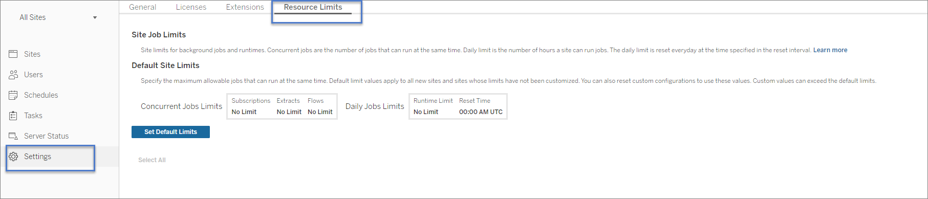 Si se seleccionan todos los sitios, en la página de configuración en la pestaña de límites de recursos aparecen los ajustes de configuración