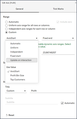 Boîte de dialogue Modifier l’axe avec l’option permettant de définir une plage personnalisée dont le début et la fin sont basés sur l’interaction.