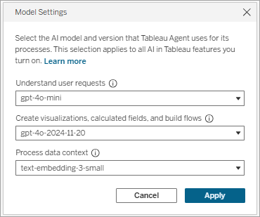 Boîte de dialogue Paramètres du modèle IA dans Tableau. 