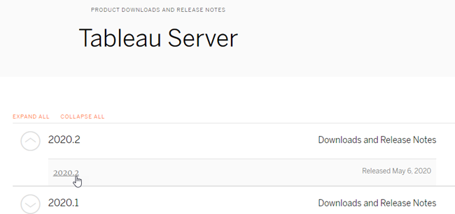 Seleziona la versione del server in uso (la versione più recente per Tableau Cloud)