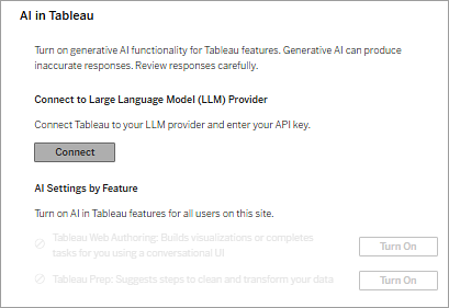 LLM プロバイダーに接続するための Tableau Server サイト設定。