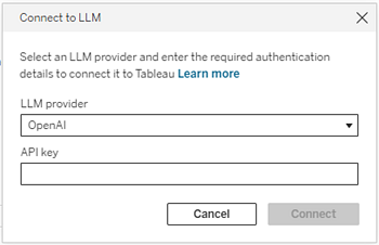Tableau Server에서 Tableau Agent와 OpenAI LLM을 연결하는 대화 상자입니다.