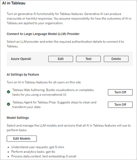 Tableau Server 및 Azure OpenAI에 대한 Tableau의 AI 사이트 설정입니다.