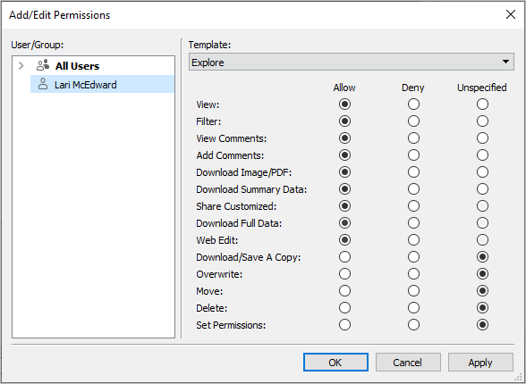 Caixa de diálogo Adicionar/editar permissões exibida ao publicar no Tableau Desktop