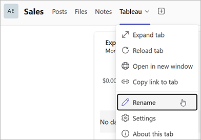 Opção Renomear na guia Tableau