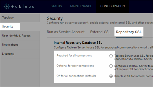 ภาพหน้าจอของการตั้งค่า SSL ในที่เก็บ TSM