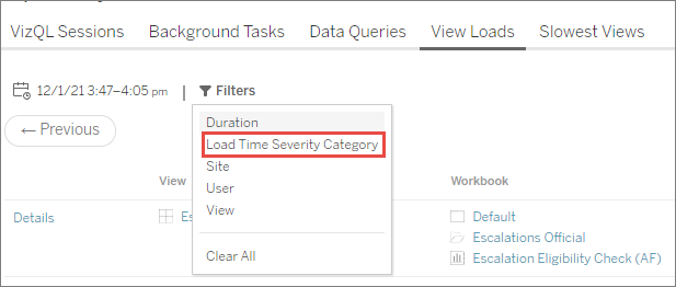 เมนูดรอปดาวน์จะแสดงรายการตัวเลือกการกรอง: ระยะเวลา, เวลาโหลด, หมวดหมู่ความรุนแรง, ไซต์, ผู้ใช้ และมุมมอง