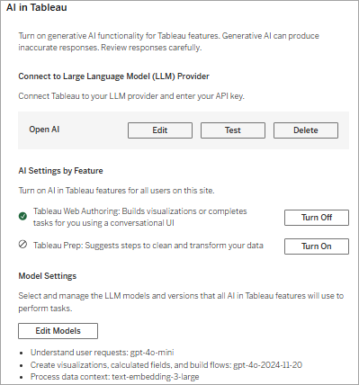 Server 中的 Tableau 中的 AI 站点设置已完成。