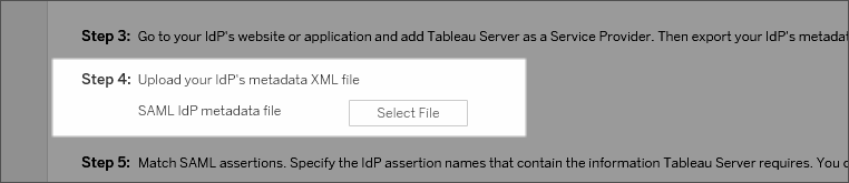 螢幕擷取畫面醒目提示您上傳 SAML IDP 中繼資料的 TSM UI 區域