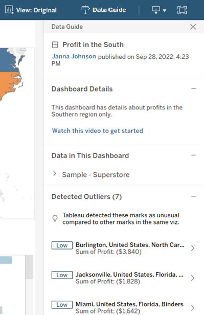 Der Bereich "Datenhandbuch" auf Ebene des Dashboards