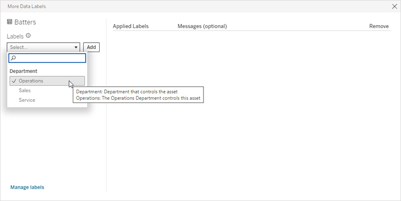 Selecting a label in the More Data Labels dialog