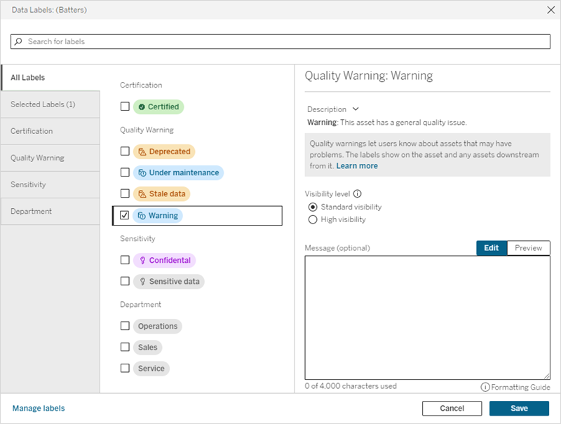 The Data Labels dialog