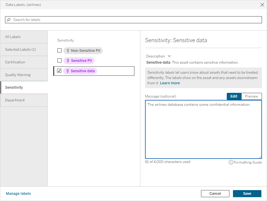 The Sensitivity Label dialog