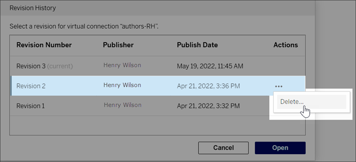 A revision’s actions menu with "Delete…" highlighted.