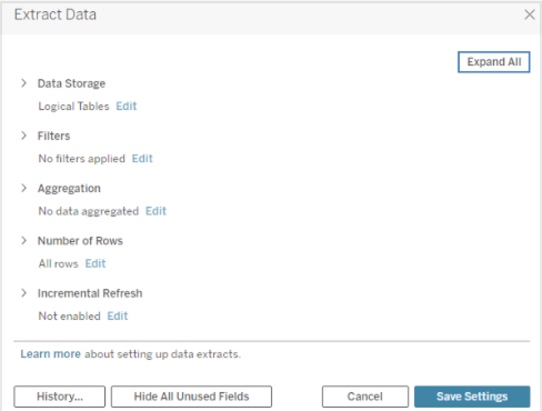 Extract Data page showing the selection for logical or physical tables