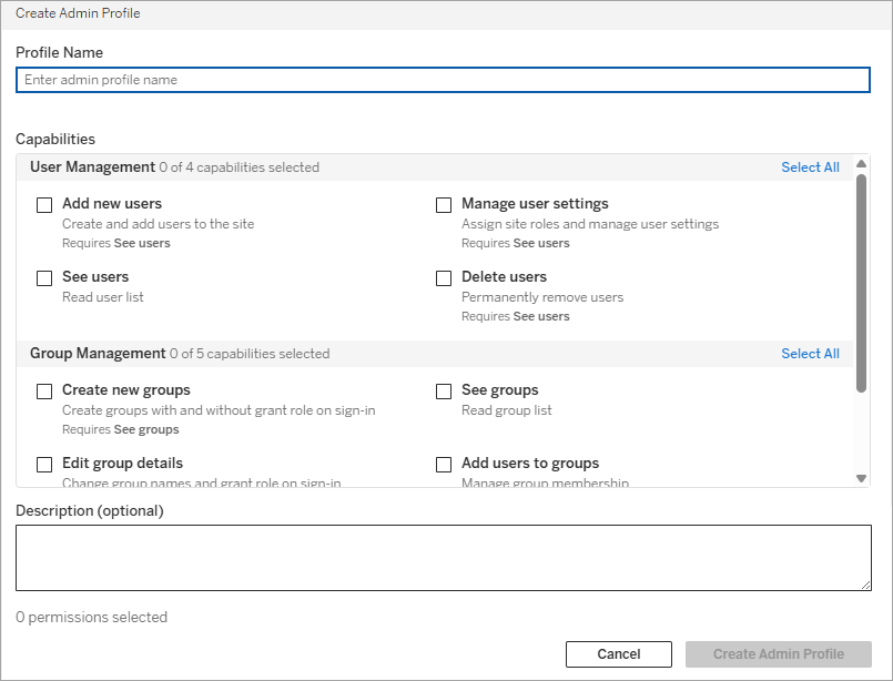 the Create Admin Profiles dialog, showing the capabilities for user and group management