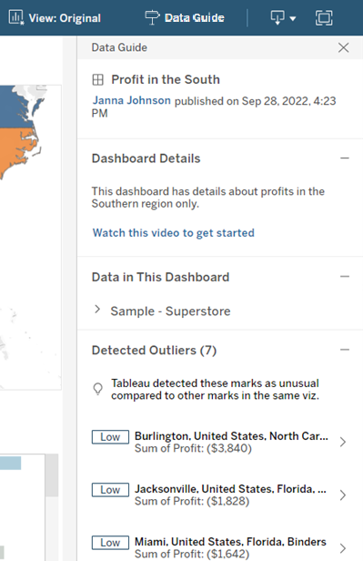 The Data Guide pane at the dashboard level