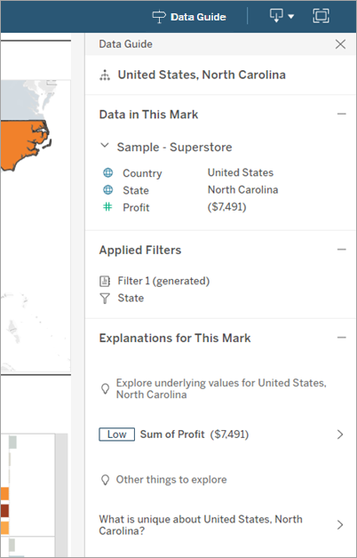 The Data Guide pane at the mark level