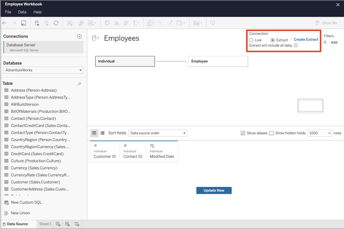 Data source page showing the extract connection type